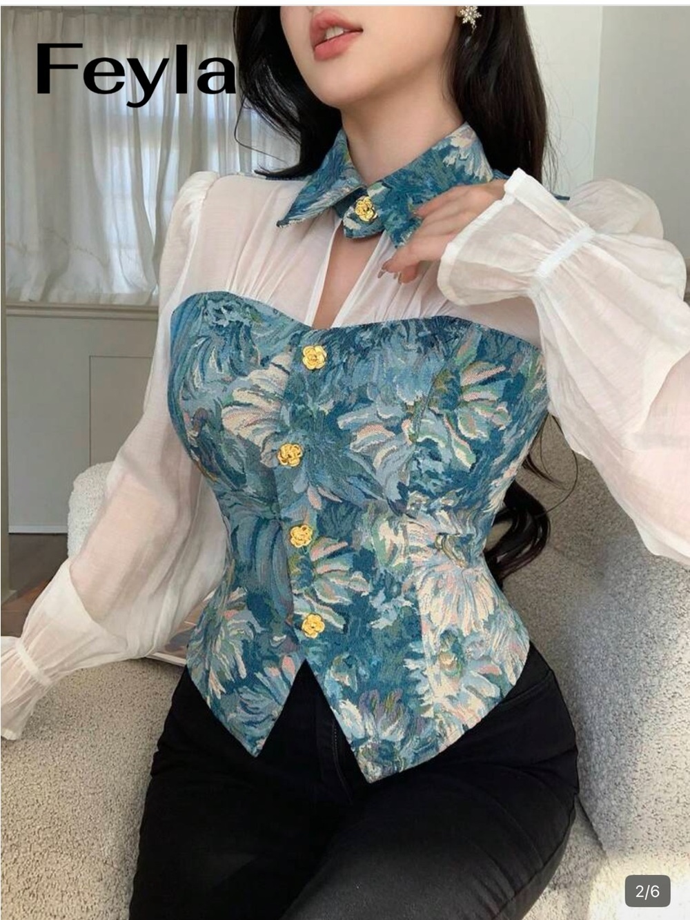 Feyla French Romantic Print Blouse Size S BNWOT Elegant Long Sleeve Top